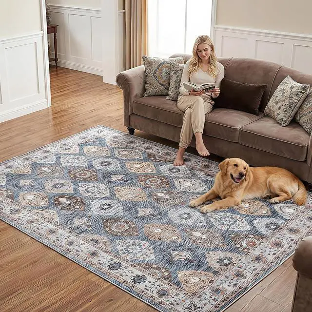 Main image of Washable Rug 6 x 9 Area Rugs for Living Room, Non-Slip Stain Resistant Rug, Low Pile Soft Rug Indoor Large Carpets Pet Friendly Mat, for Bedroom Kitchen Dining Room, Light Blue BU04AR01