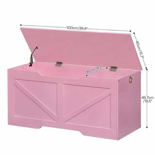 Alt view image 3 of 7 - Storage Bench, 39.4" Retro Wooden Storage Chest with U-Shaped Cut-Out Pull, Safety Hinge, Supports 220 lb and Easy Assembly for Toy Box Organizer (Pink) PK771CW01