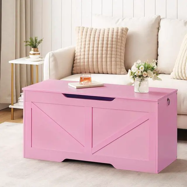 Alt view image 4 of 7 - Storage Bench, 39.4" Retro Wooden Storage Chest with U-Shaped Cut-Out Pull, Safety Hinge, Supports 220 lb and Easy Assembly for Toy Box Organizer (Pink) PK771CW01