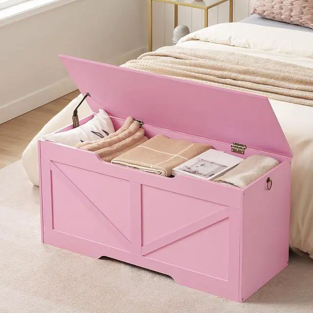Alt view image 2 of 7 - Storage Bench, 39.4" Retro Wooden Storage Chest with U-Shaped Cut-Out Pull, Safety Hinge, Supports 220 lb and Easy Assembly for Toy Box Organizer (Pink) PK771CW01