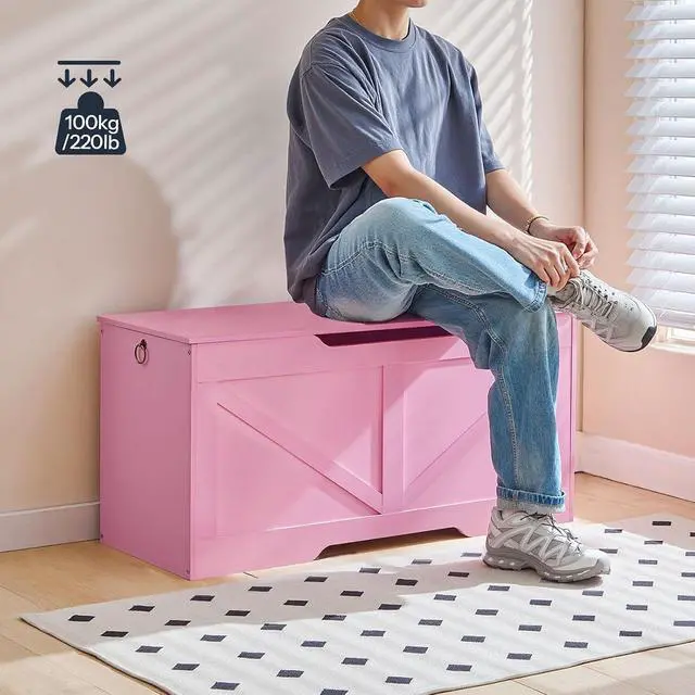 Alt view image 5 of 7 - Storage Bench, 39.4" Retro Wooden Storage Chest with U-Shaped Cut-Out Pull, Safety Hinge, Supports 220 lb and Easy Assembly for Toy Box Organizer (Pink) PK771CW01