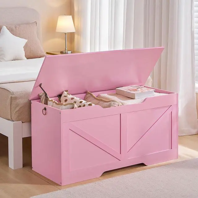 Alt view image 6 of 7 - Storage Bench, 39.4" Retro Wooden Storage Chest with U-Shaped Cut-Out Pull, Safety Hinge, Supports 220 lb and Easy Assembly for Toy Box Organizer (Pink) PK771CW01