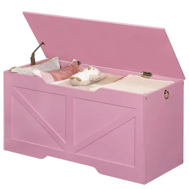 Alt view image 7 of 7 - Storage Bench, 39.4" Retro Wooden Storage Chest with U-Shaped Cut-Out Pull, Safety Hinge, Supports 220 lb and Easy Assembly for Toy Box Organizer (Pink) PK771CW01