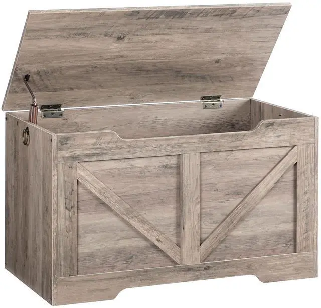Main image of Storage Bench, 29.5 Retro Wooden Storage Chest with U-Shaped Cut-Out Pull, Safety Hinge, Supports 220 lb and Easy Assembly for Toy Box Organizer (Greige) BG77CW01