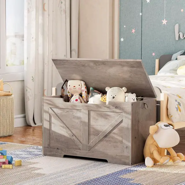 Alt view image 2 of 7 - Storage Bench, 29.5 Retro Wooden Storage Chest with U-Shaped Cut-Out Pull, Safety Hinge, Supports 220 lb and Easy Assembly for Toy Box Organizer (Greige) BG77CW01