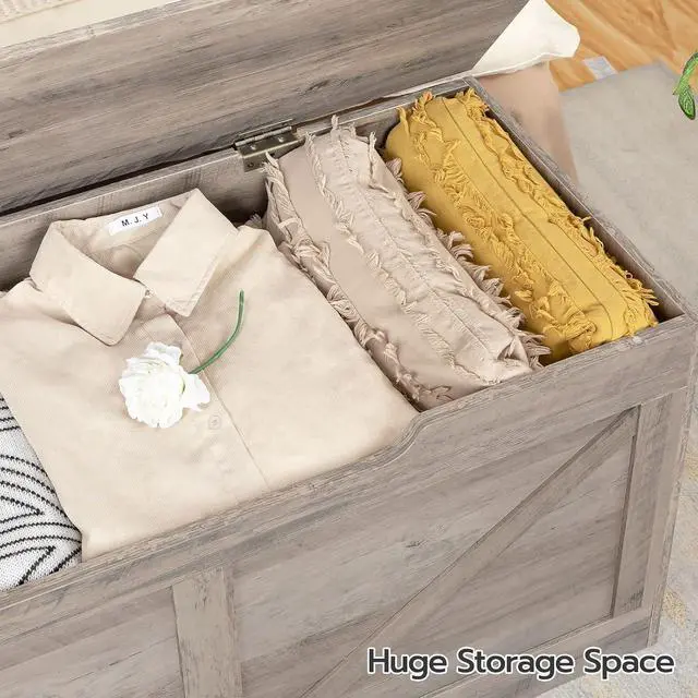 Alt view image 3 of 7 - Storage Bench, 29.5 Retro Wooden Storage Chest with U-Shaped Cut-Out Pull, Safety Hinge, Supports 220 lb and Easy Assembly for Toy Box Organizer (Greige) BG77CW01
