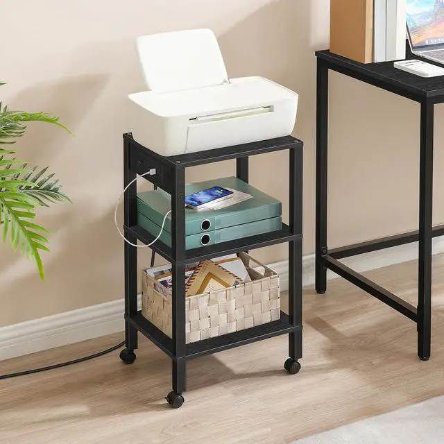 Alt view image 6 of 7 - 3-Tier Printer Stand with Charging Station, Under Desk Printer Table, Printer Cart with Storage Shelves, Shelf for Small Spaces, for Home Office, Black BK63UPS01