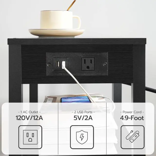 Alt view image 7 of 7 - 3-Tier Printer Stand with Charging Station, Under Desk Printer Table, Printer Cart with Storage Shelves, Shelf for Small Spaces, for Home Office, Black BK63UPS01