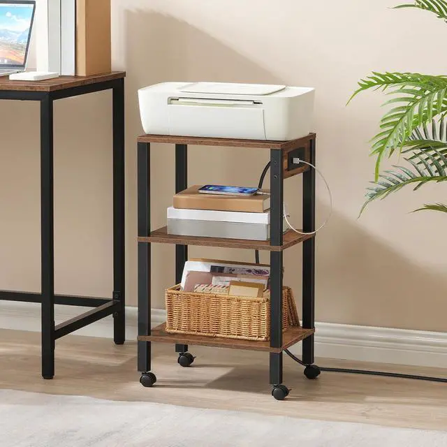 Alt view image 2 of 7 - 3-Tier Printer Stand with Charging Station, Under Desk Printer Table, Printer Cart with Storage Shelves, Shelf for Small Spaces, for Home Office, Rustic Brown and Black BF63UPS01