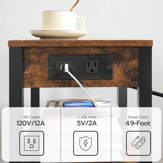 Alt view image 3 of 7 - 3-Tier Printer Stand with Charging Station, Under Desk Printer Table, Printer Cart with Storage Shelves, Shelf for Small Spaces, for Home Office, Rustic Brown and Black BF63UPS01