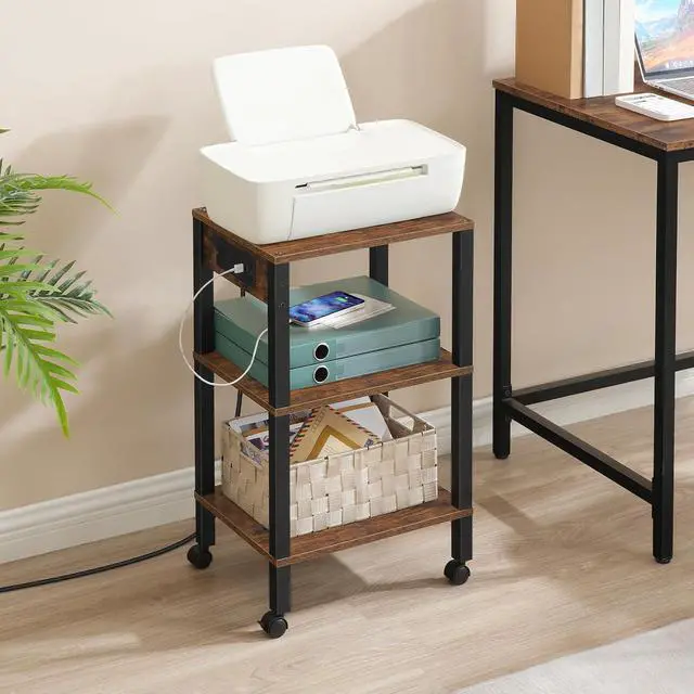 Alt view image 5 of 7 - 3-Tier Printer Stand with Charging Station, Under Desk Printer Table, Printer Cart with Storage Shelves, Shelf for Small Spaces, for Home Office, Rustic Brown and Black BF63UPS01