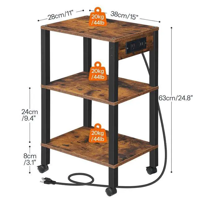 Alt view image 6 of 7 - 3-Tier Printer Stand with Charging Station, Under Desk Printer Table, Printer Cart with Storage Shelves, Shelf for Small Spaces, for Home Office, Rustic Brown and Black BF63UPS01