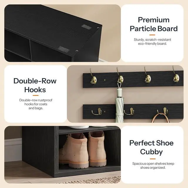 Alt view image 7 of 7 - Shoe Storage Bench with Cushion, 39.4" L Entryway Bench with 12 Cubbies, Entryway Hall Tree with Storage, Cubby Shoe Rack Bench with Coat Rack for Hallway, Holds up to 330 lb, Black BB112HX01