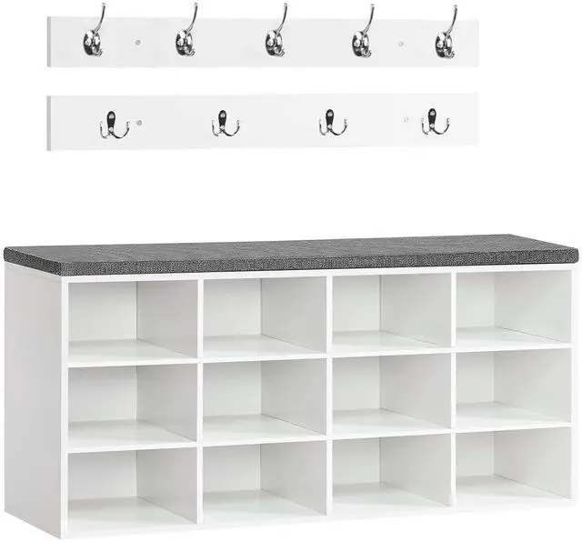 Main image of Shoe Storage Bench with Cushion, 39.4" L Entryway Bench with 12 Cubbies, Entryway Hall Tree with Storage, Cubby Shoe Rack Bench with Coat Rack for Hallway, Holds up to 330 lb, White WT112HX01