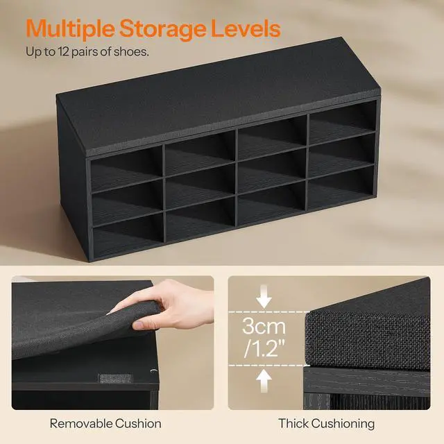 Alt view image 6 of 7 - Shoe Storage Bench with Cushion, 39.4" L Entryway Bench with 12 Cubbies, Entryway Hall Tree with Storage, Cubby Shoe Rack Bench with Coat Rack for Hallway, Holds up to 330 lb, Black BB112HX01
