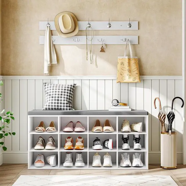 Alt view image 2 of 7 - Shoe Storage Bench with Cushion, 39.4" L Entryway Bench with 12 Cubbies, Entryway Hall Tree with Storage, Cubby Shoe Rack Bench with Coat Rack for Hallway, Holds up to 330 lb, White WT112HX01