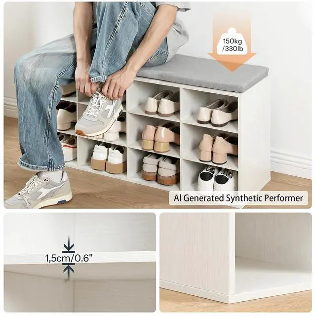 Alt view image 5 of 7 - Shoe Storage Bench with Cushion, 39.4" L Entryway Bench with 12 Cubbies, Entryway Hall Tree with Storage, Cubby Shoe Rack Bench with Coat Rack for Hallway, Holds up to 330 lb, White WT112HX01