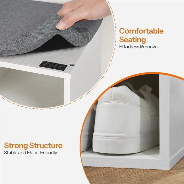 Alt view image 7 of 7 - Shoe Storage Bench with Cushion, 39.4" L Entryway Bench with 12 Cubbies, Entryway Hall Tree with Storage, Cubby Shoe Rack Bench with Coat Rack for Hallway, Holds up to 330 lb, White WT112HX01