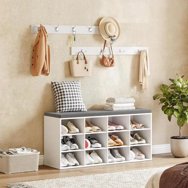 Alt view image 4 of 7 - Shoe Storage Bench with Cushion, 39.4" L Entryway Bench with 12 Cubbies, Entryway Hall Tree with Storage, Cubby Shoe Rack Bench with Coat Rack for Hallway, Holds up to 330 lb, White WT112HX01