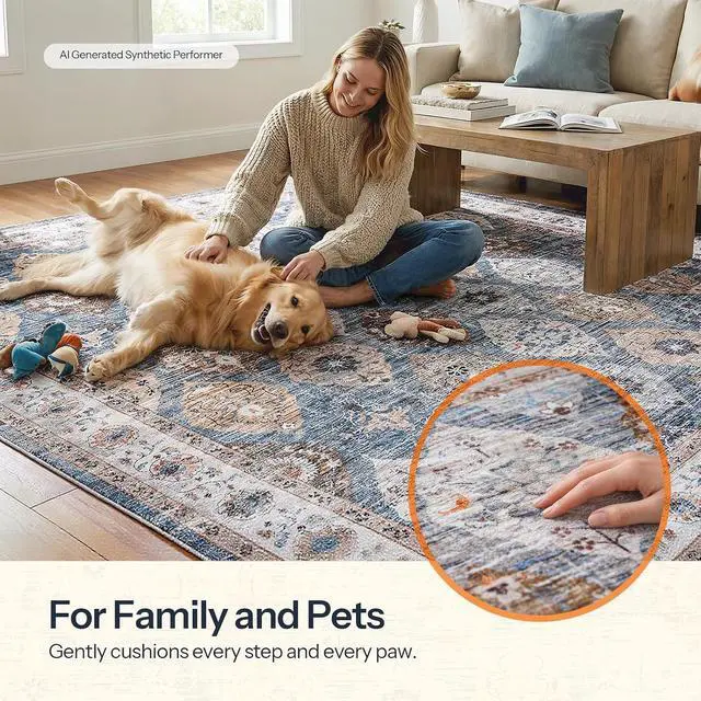 Alt view image 3 of 7 - Washable Rug 6 x 9 Area Rugs for Living Room, Non-Slip Stain Resistant Rug, Low Pile Soft Rug Indoor Large Carpets Pet Friendly Mat, for Bedroom Kitchen Dining Room, Light Blue BU04AR01