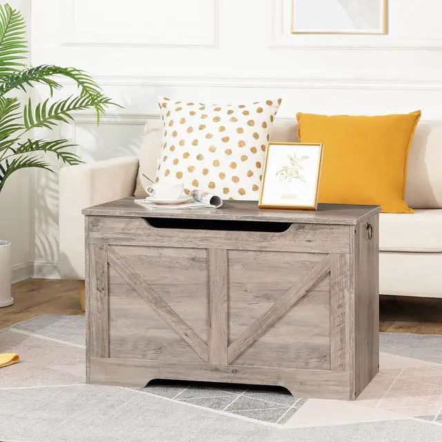Alt view image 4 of 7 - Storage Bench, 29.5 Retro Wooden Storage Chest with U-Shaped Cut-Out Pull, Safety Hinge, Supports 220 lb and Easy Assembly for Toy Box Organizer (Greige) BG77CW01
