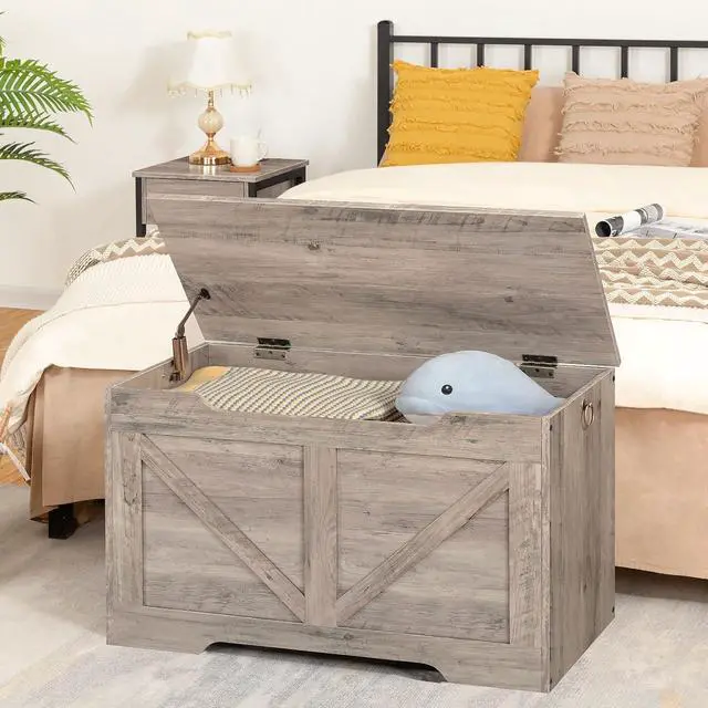 Alt view image 6 of 7 - Storage Bench, 29.5 Retro Wooden Storage Chest with U-Shaped Cut-Out Pull, Safety Hinge, Supports 220 lb and Easy Assembly for Toy Box Organizer (Greige) BG77CW01