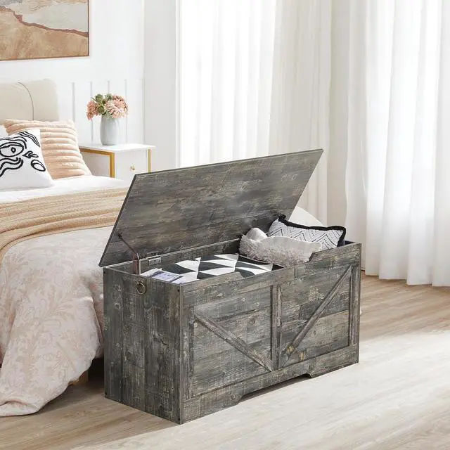 Alt view image 2 of 7 - Storage Bench, 39.4 Retro Wooden Storage Chest with U-Shaped Cut-Out Pull, Safety Hinge, Supports 220 lb and Easy Assembly for Toy Box Organizer (Vintage Gray) VP771CW01