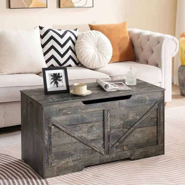 Alt view image 4 of 7 - Storage Bench, 39.4 Retro Wooden Storage Chest with U-Shaped Cut-Out Pull, Safety Hinge, Supports 220 lb and Easy Assembly for Toy Box Organizer (Vintage Gray) VP771CW01