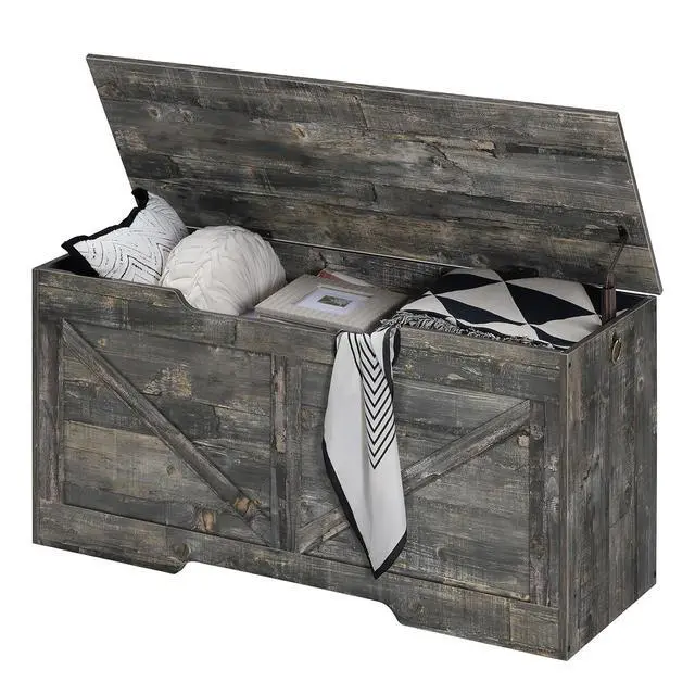 Alt view image 5 of 7 - Storage Bench, 39.4 Retro Wooden Storage Chest with U-Shaped Cut-Out Pull, Safety Hinge, Supports 220 lb and Easy Assembly for Toy Box Organizer (Vintage Gray) VP771CW01