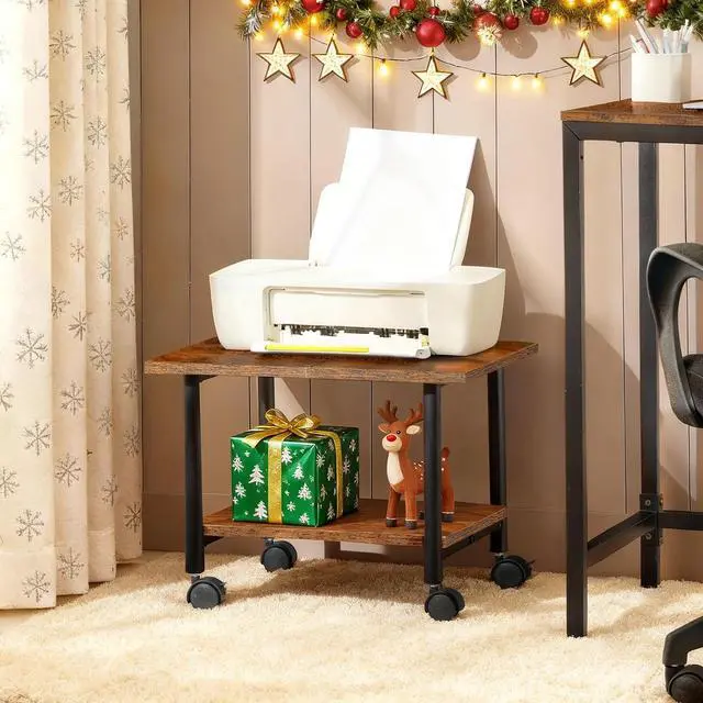Alt view image 2 of 7 - Printer Stand, 2-Tier Industrial Under Desk Printer Cart with Shelf, Mobile Heavy Duty Storage Rack on Wheels for Home, Office, Rustic Brown and Black BF02PS01G1