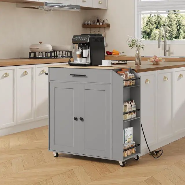 Alt view image 2 of 7 - Kitchen Island with Power Outlet, Storage Island with Spice Rack and Drawer, Rolling Kitchen Cart on Wheels, for Home, Dining Room, Natural and Gray GN82UZD01