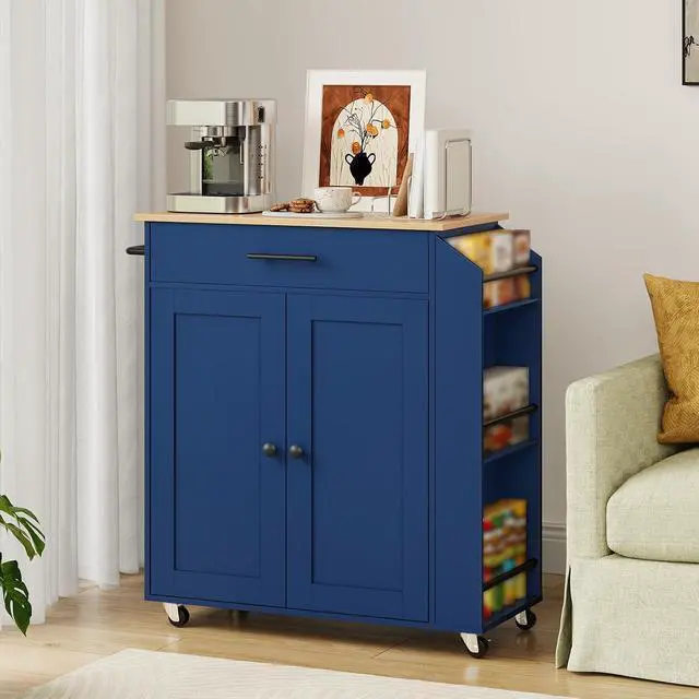 Alt view image 6 of 7 - Kitchen Island with Power Outlet, Kitchen Storage Island with Spice Rack and Drawer, Rolling Kitchen on Wheels, for Home, Dining Room, Natural and Blue UN82UZD01G1