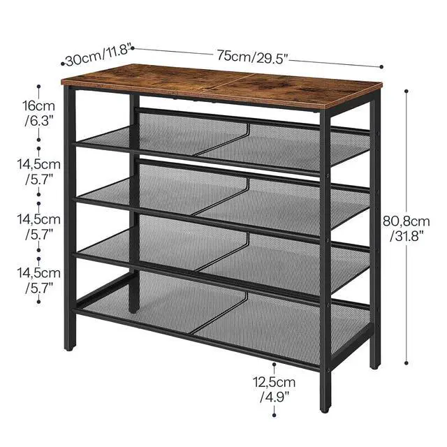 Alt view image 2 of 7 - Shoe Rack for Entryway, 5-Tier Shoe Organizer with Adjustable Mesh Shelves, 16-20 Pairs of Shoes, Spacious Floor Mount, Metal, Industrial, Shoe Shelf for Closet, Rustic Brown BF12XJ01