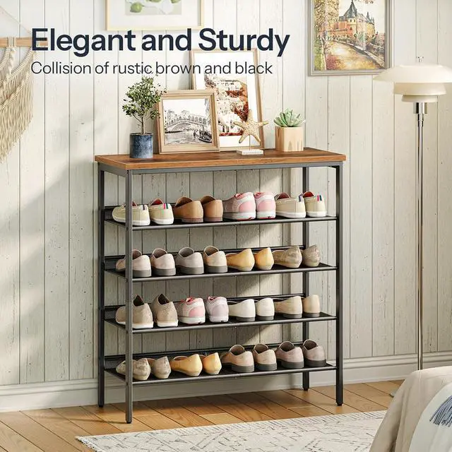 Alt view image 3 of 7 - Shoe Rack for Entryway, 5-Tier Shoe Organizer with Adjustable Mesh Shelves, 16-20 Pairs of Shoes, Spacious Floor Mount, Metal, Industrial, Shoe Shelf for Closet, Rustic Brown BF12XJ01