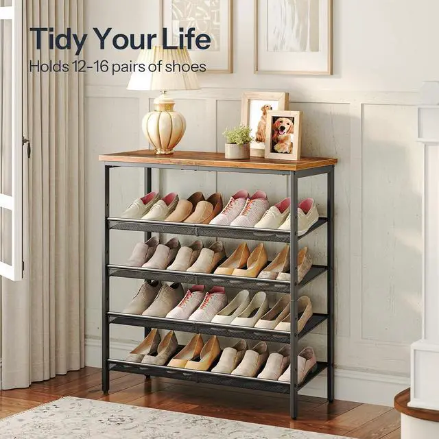 Alt view image 5 of 7 - Shoe Rack for Entryway, 5-Tier Shoe Organizer with Adjustable Mesh Shelves, 16-20 Pairs of Shoes, Spacious Floor Mount, Metal, Industrial, Shoe Shelf for Closet, Rustic Brown BF12XJ01