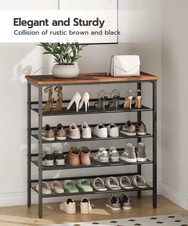 Alt view image 7 of 7 - Shoe Rack for Entryway, 5-Tier Shoe Organizer with Adjustable Mesh Shelves, 16-20 Pairs of Shoes, Spacious Floor Mount, Metal, Industrial, Shoe Shelf for Closet, Rustic Brown BF12XJ01