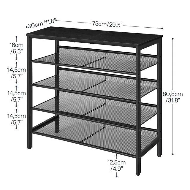 Alt view image 3 of 7 - Shoe Rack for Entryway, 5-Tier Shoe Organizer with Adjustable Mesh Shelves, 12-16 Pairs of Shoes, Spacious Floor Mount, Metal, Industrial, Shoe Shelf for Closet, Black BB12XJ01