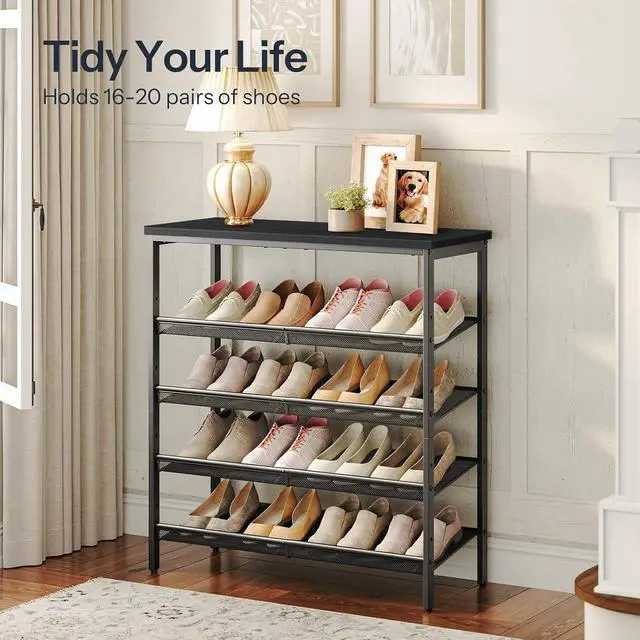 Alt view image 4 of 7 - Shoe Rack for Entryway, 5-Tier Shoe Organizer with Adjustable Mesh Shelves, 12-16 Pairs of Shoes, Spacious Floor Mount, Metal, Industrial, Shoe Shelf for Closet, Black BB12XJ01
