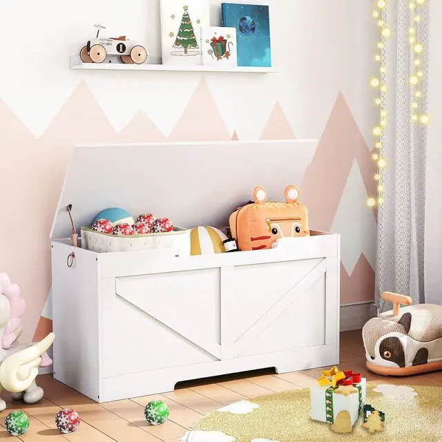 Alt view image 2 of 7 - Storage Bench, 39.4 Retro Wooden Storage Chest with U-Shaped Cut-Out Pull, Safety Hinge, Supports 220 lb and Easy Assembly for Toy Box Organizer (White) WT771CW01