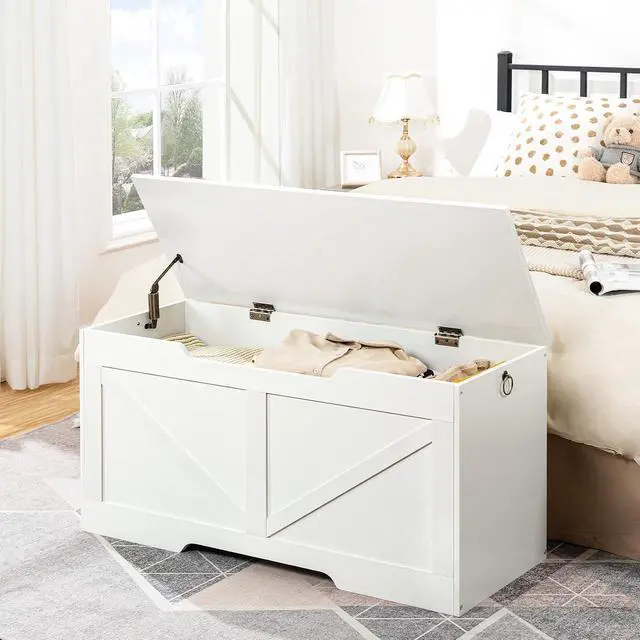 Alt view image 4 of 7 - Storage Bench, 39.4 Retro Wooden Storage Chest with U-Shaped Cut-Out Pull, Safety Hinge, Supports 220 lb and Easy Assembly for Toy Box Organizer (White) WT771CW01
