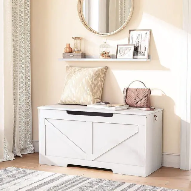 Alt view image 5 of 7 - Storage Bench, 39.4 Retro Wooden Storage Chest with U-Shaped Cut-Out Pull, Safety Hinge, Supports 220 lb and Easy Assembly for Toy Box Organizer (White) WT771CW01