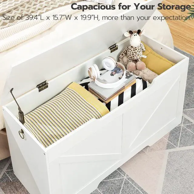 Alt view image 7 of 7 - Storage Bench, 39.4 Retro Wooden Storage Chest with U-Shaped Cut-Out Pull, Safety Hinge, Supports 220 lb and Easy Assembly for Toy Box Organizer (White) WT771CW01