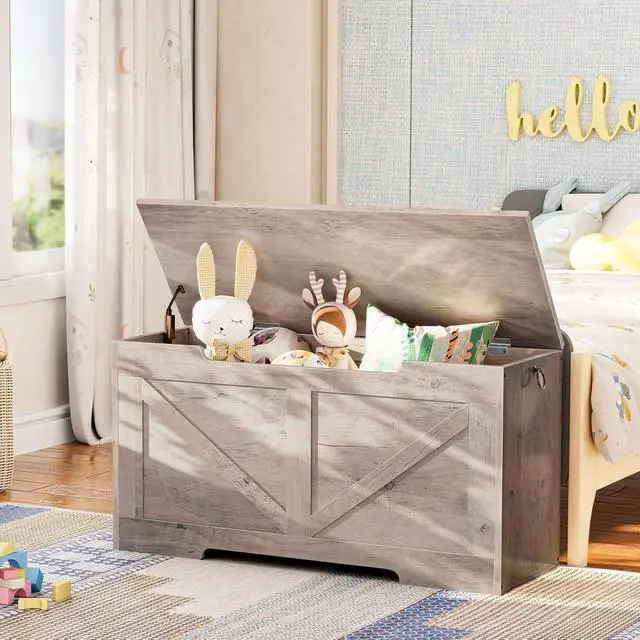 Alt view image 2 of 7 - Storage Bench, 39.4 Retro Wooden Storage Chest with U-Shaped Cut-Out Pull, Safety Hinge, Supports 220 lb and Easy Assembly for Toy Box Organizer (Greige) BG771CW01G1