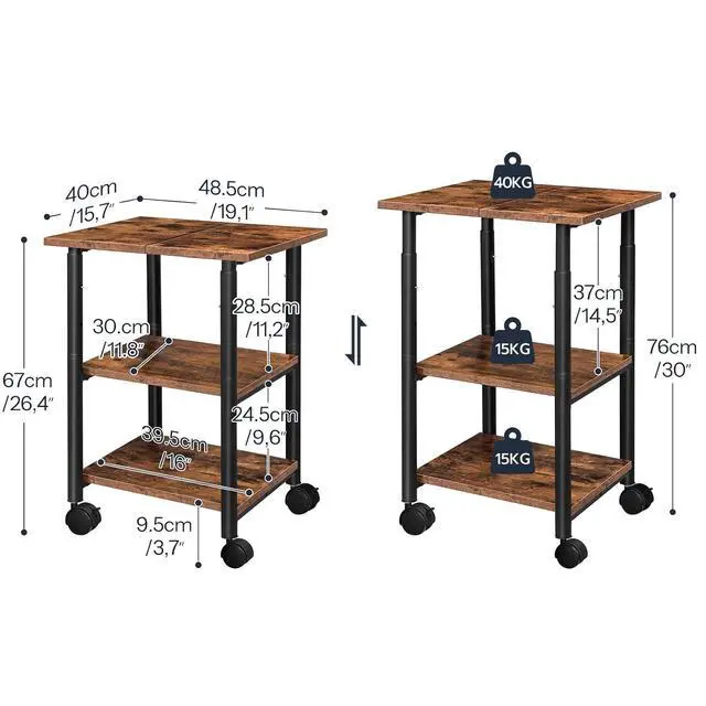 Alt view image 4 of 7 - Printer Stand, 3-Tier Industrial Under Desk Printer Cart with Shelf, Mobile Heavy Duty Storage Rack on Wheels for Home, Office Rustic Brown and Black BF03PS01G1