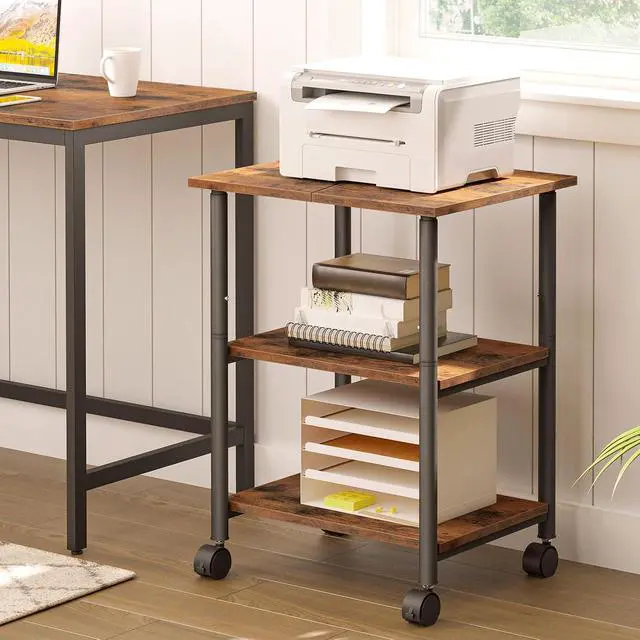 Alt view image 3 of 7 - Printer Stand, 3-Tier Industrial Under Desk Printer Cart with Shelf, Mobile Heavy Duty Storage Rack on Wheels for Home, Office Rustic Brown and Black BF03PS01G1