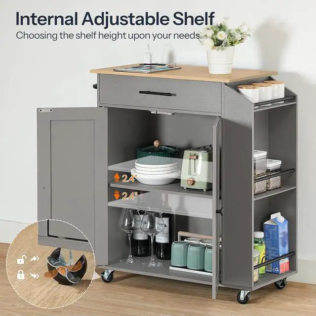 Alt view image 4 of 7 - Kitchen Island with Power Outlet, Storage Island with Spice Rack and Drawer, Rolling Kitchen Cart on Wheels, for Home, Dining Room, Natural and Gray GN82UZD01