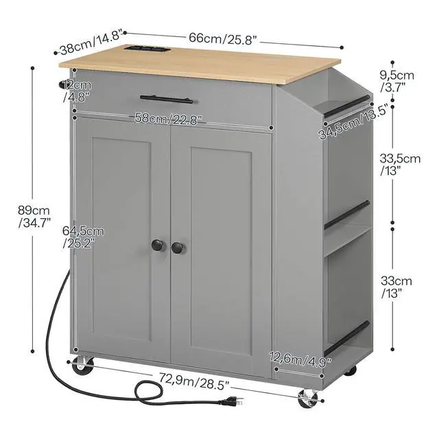 Alt view image 5 of 7 - Kitchen Island with Power Outlet, Storage Island with Spice Rack and Drawer, Rolling Kitchen Cart on Wheels, for Home, Dining Room, Natural and Gray GN82UZD01