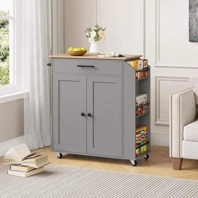 Alt view image 6 of 7 - Kitchen Island with Power Outlet, Storage Island with Spice Rack and Drawer, Rolling Kitchen Cart on Wheels, for Home, Dining Room, Natural and Gray GN82UZD01