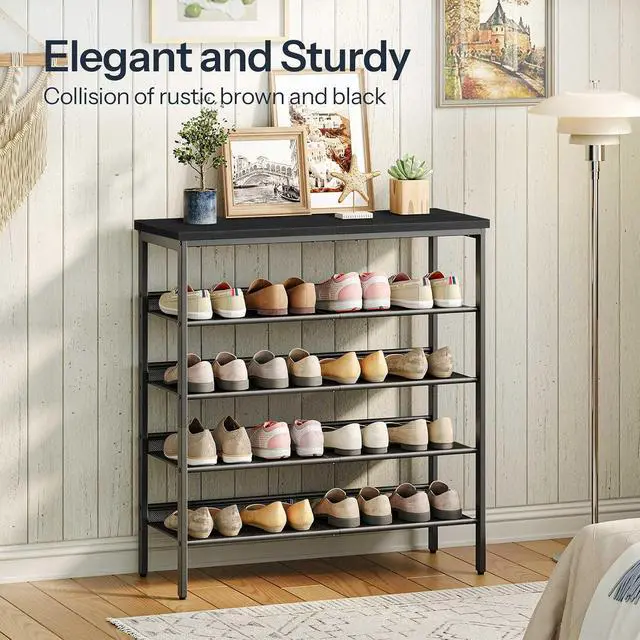 Alt view image 5 of 7 - Shoe Rack for Entryway, 5-Tier Shoe Organizer with Adjustable Mesh Shelves, 12-16 Pairs of Shoes, Spacious Floor Mount, Metal, Industrial, Shoe Shelf for Closet, Black BB12XJ01