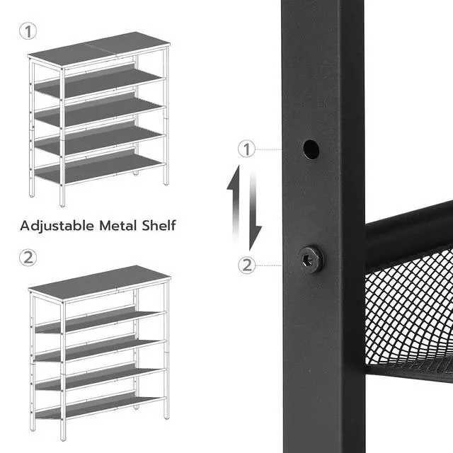 Alt view image 6 of 7 - Shoe Rack for Entryway, 5-Tier Shoe Organizer with Adjustable Mesh Shelves, 12-16 Pairs of Shoes, Spacious Floor Mount, Metal, Industrial, Shoe Shelf for Closet, Black BB12XJ01